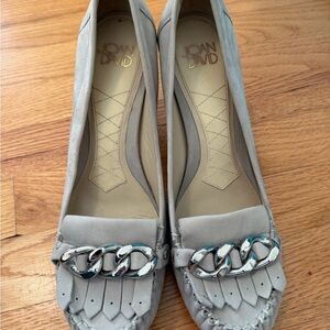 Joan & David Silver Chain Accent Suede Grey Heels
